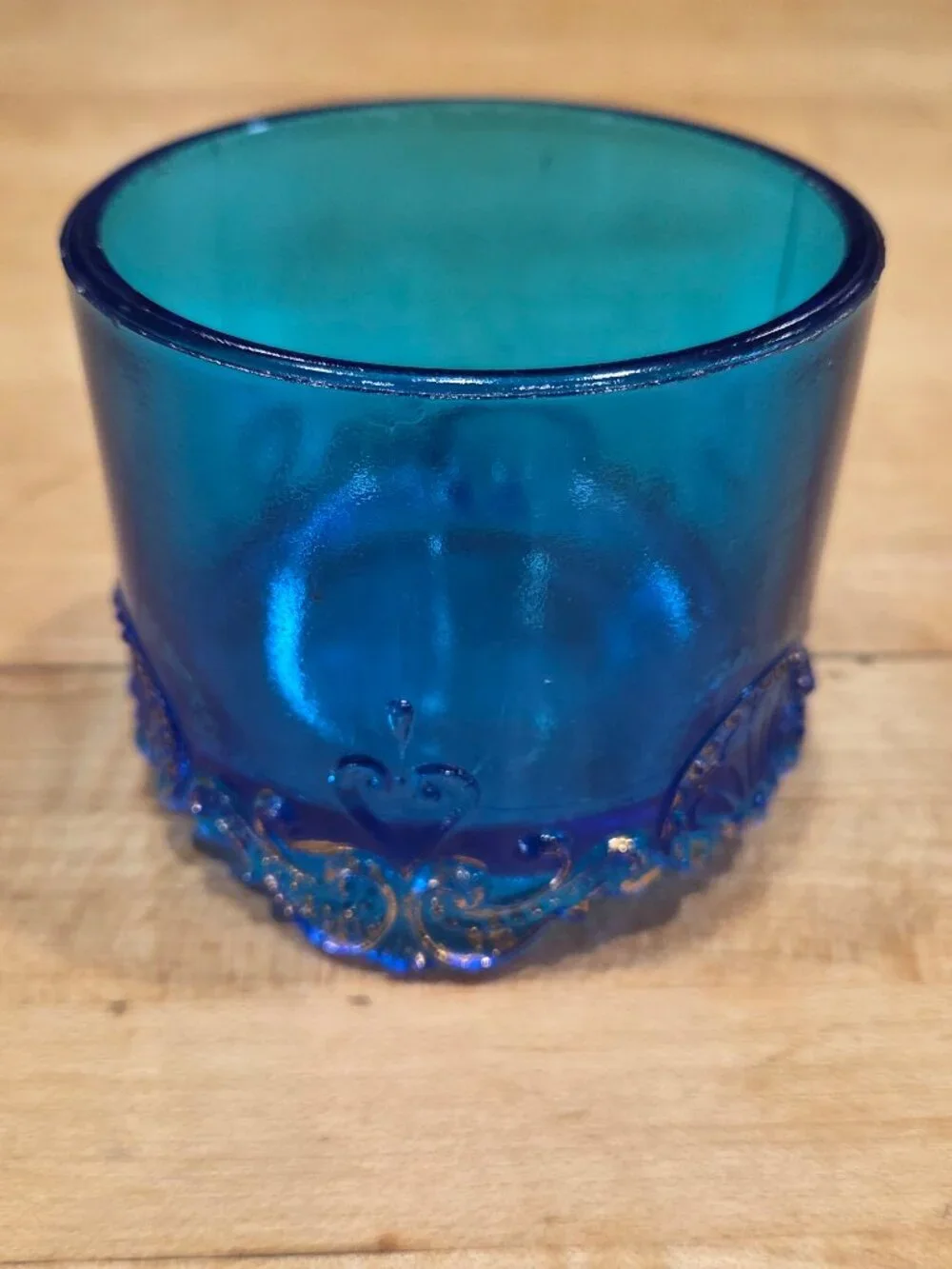 Vintage L G Wright Blue Glass Jeweled Heart Toothpick Holder Cup